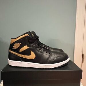 Nike Air Jordan 1 Mid Black Metallic Gold Men's Sneakers